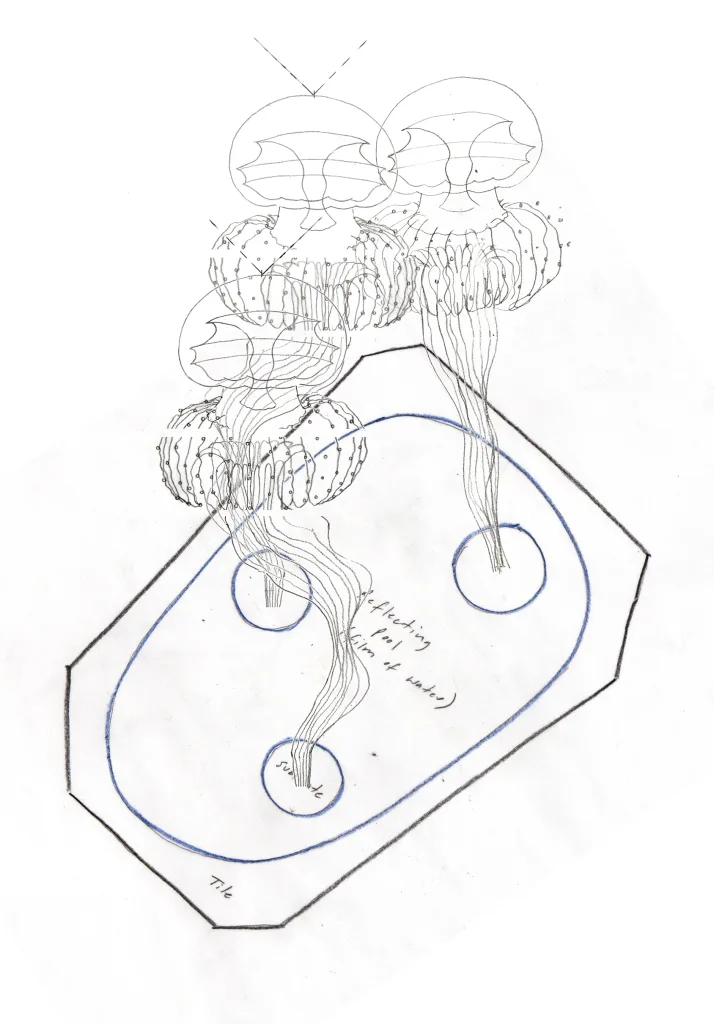 Axonometric sketch of installations and pool