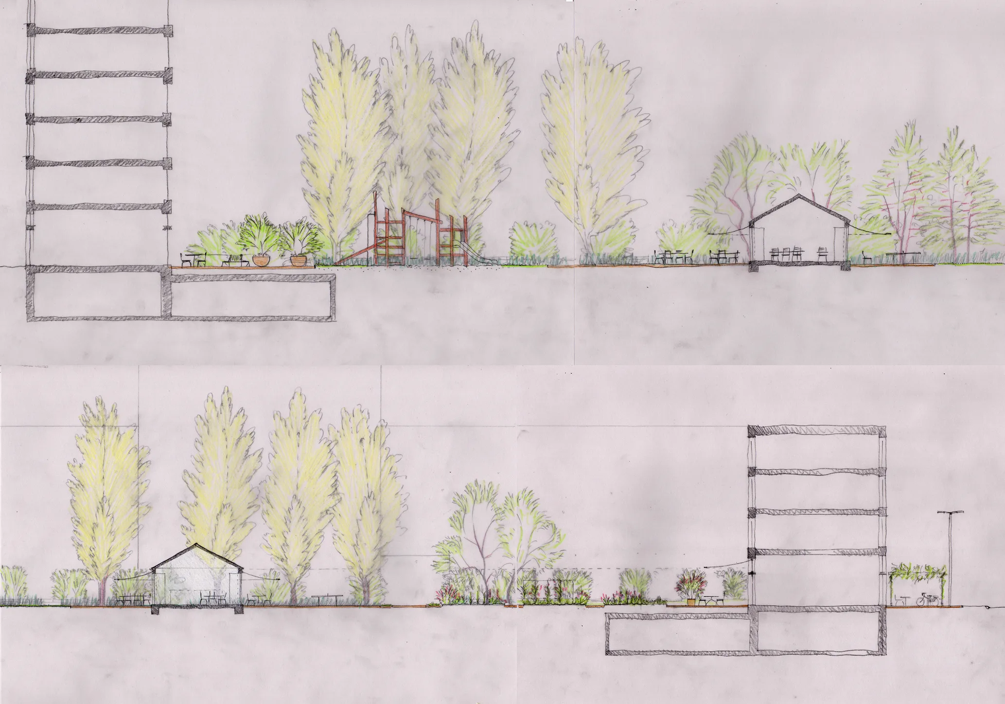 1:100 sketch sections through the project