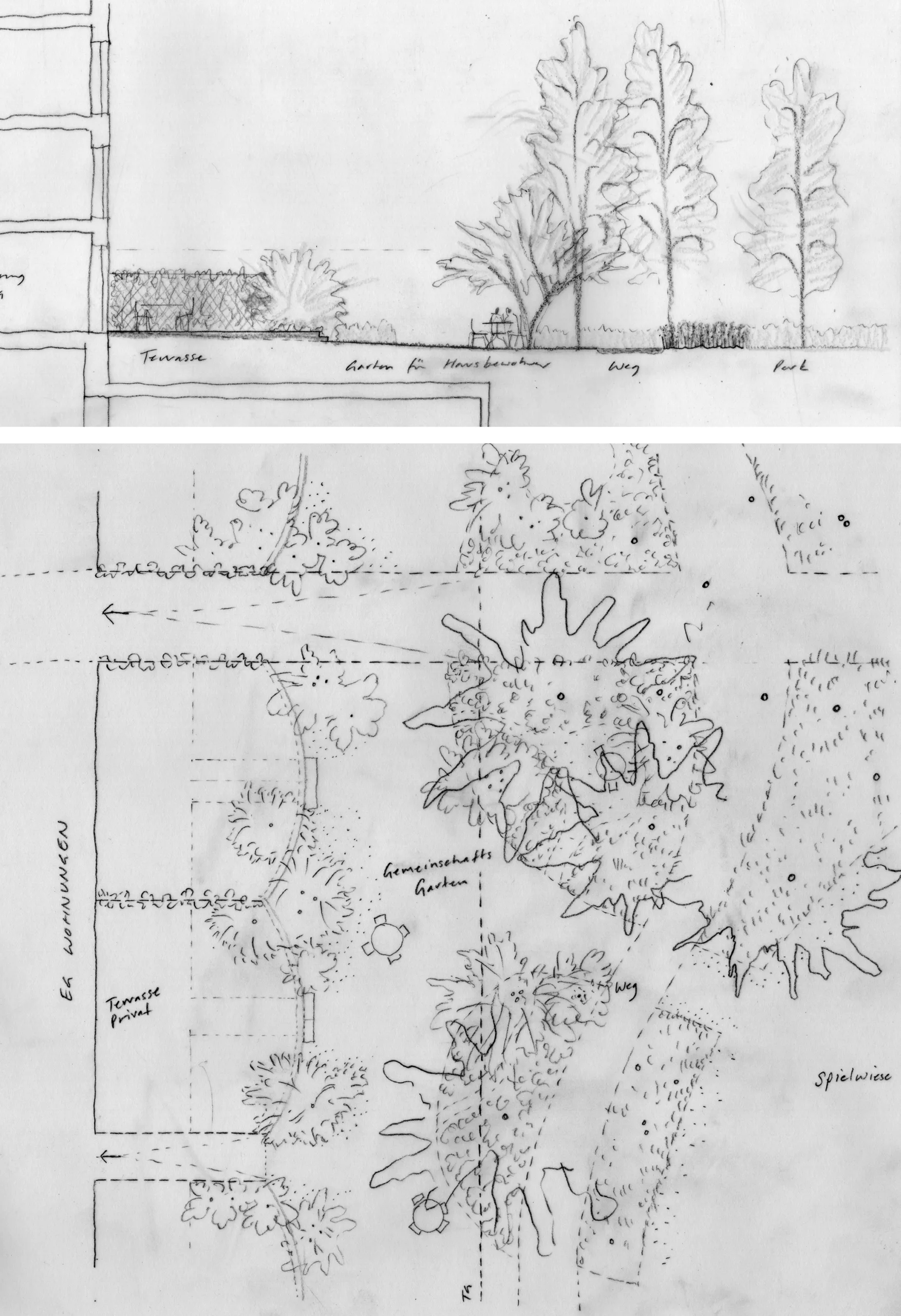 1:100 sketch studies of transition from private to public areas
