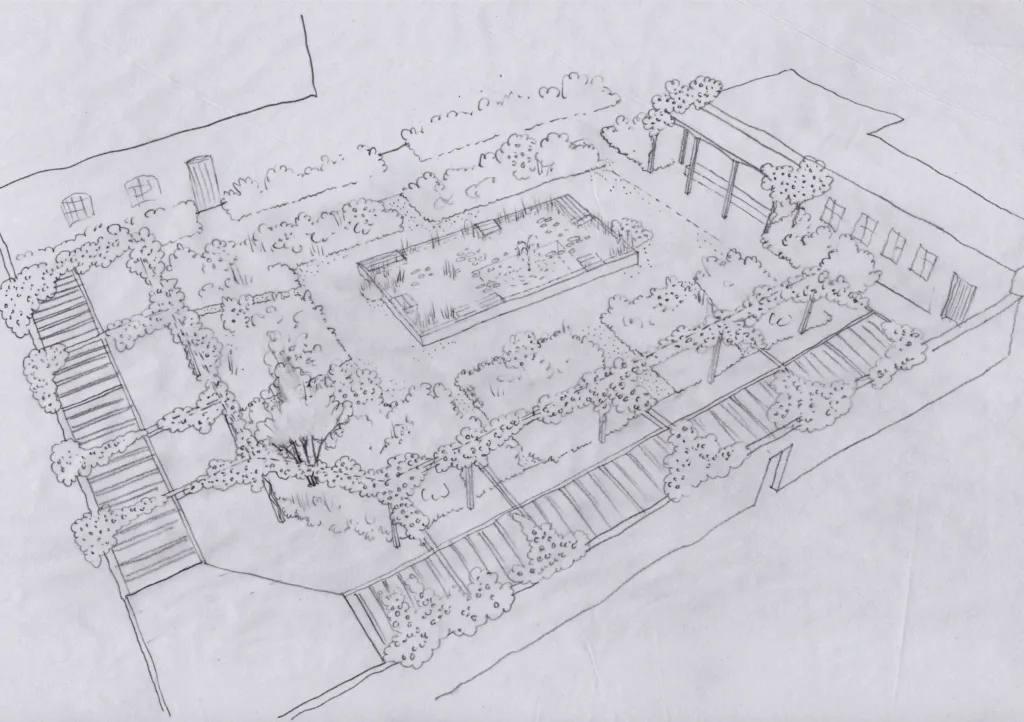 1:100 axonometric sketch of proposed garden