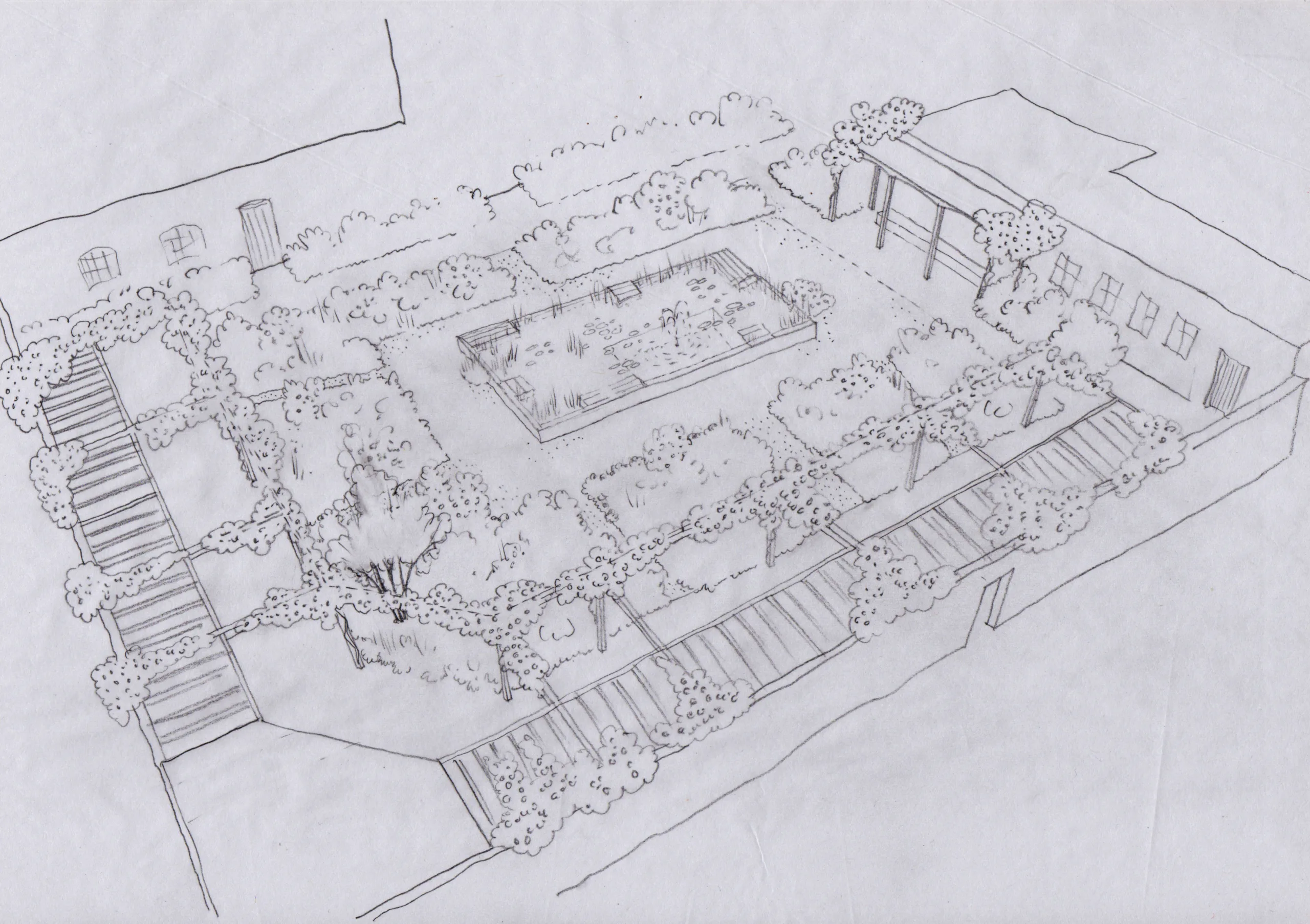1:100 axonometric sketch of proposed garden